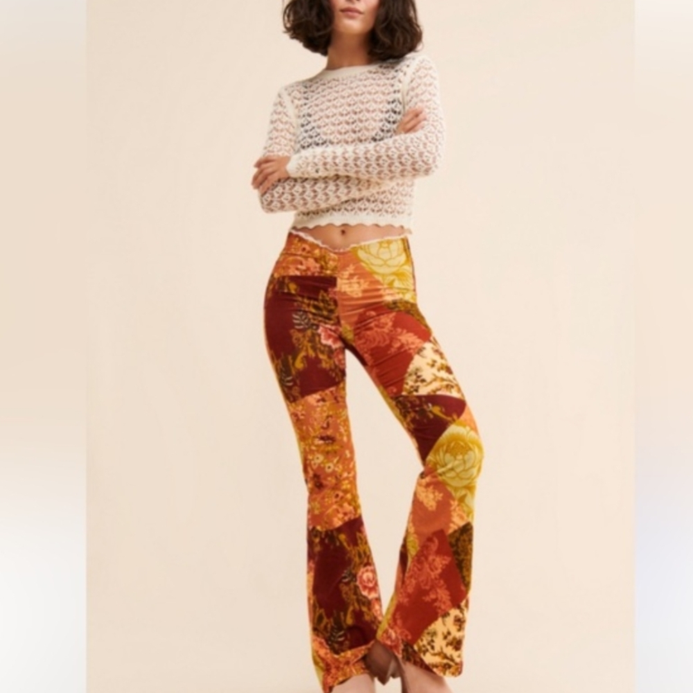 Velvet Floral Patchwork 60s 70s Vintage Aesthetic Bell Bottom Flare Pants Boho - Picture 2 of 15